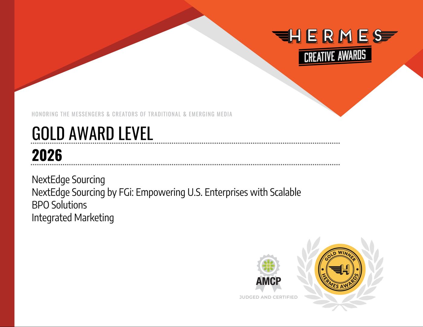 Hermes Creative Awards 2026 Gold - NextEdge Sourcing